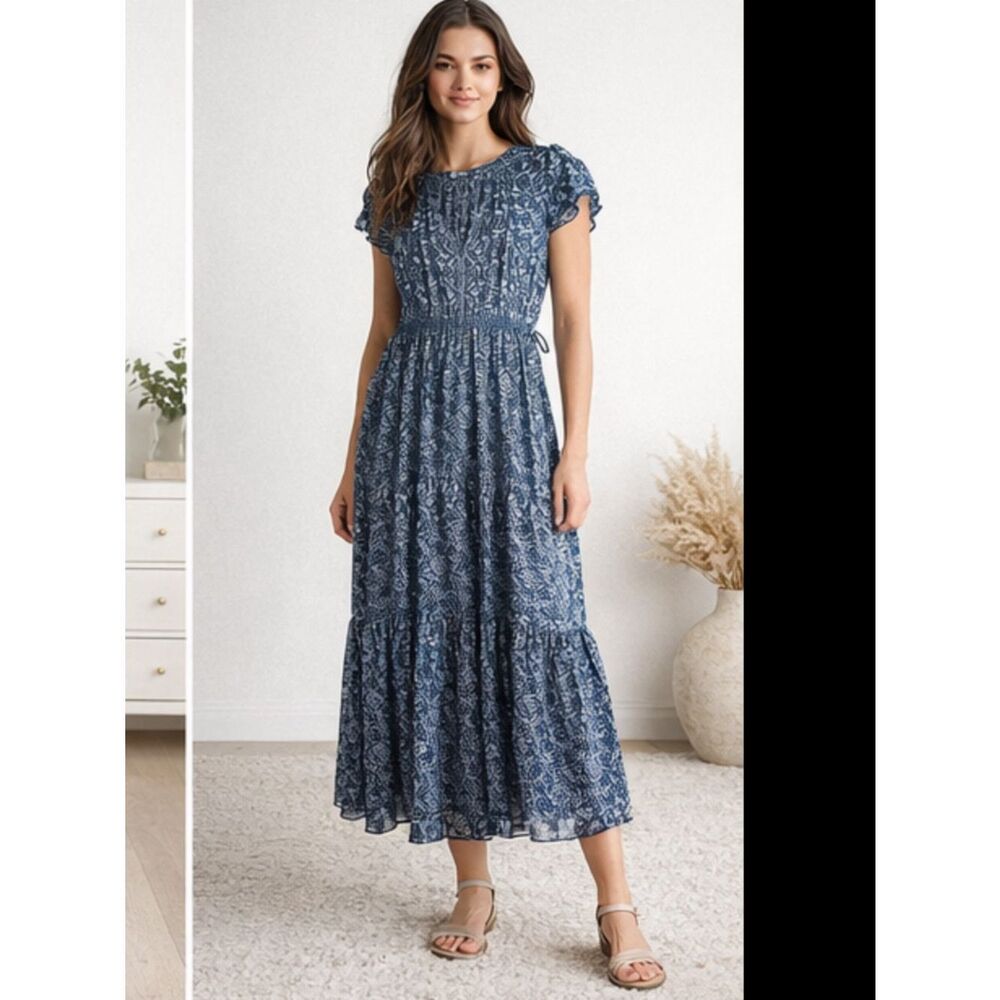 Omika ladies midi maxi dress large blue white peasant cottagecore corpcore day - Picture 16 of 16